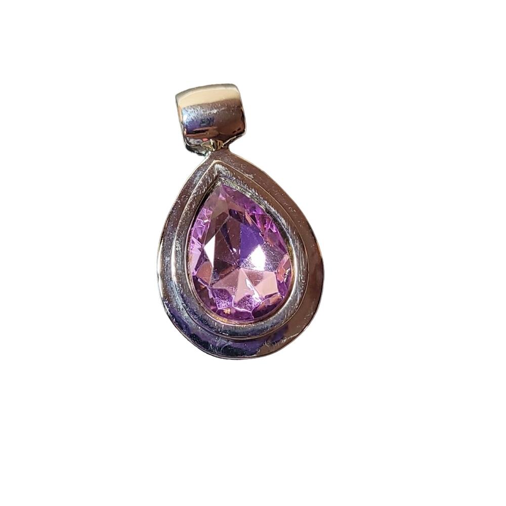 MX Purple Pendant Glass Crystal Stone Silver Tone Metal Cabochon Setting